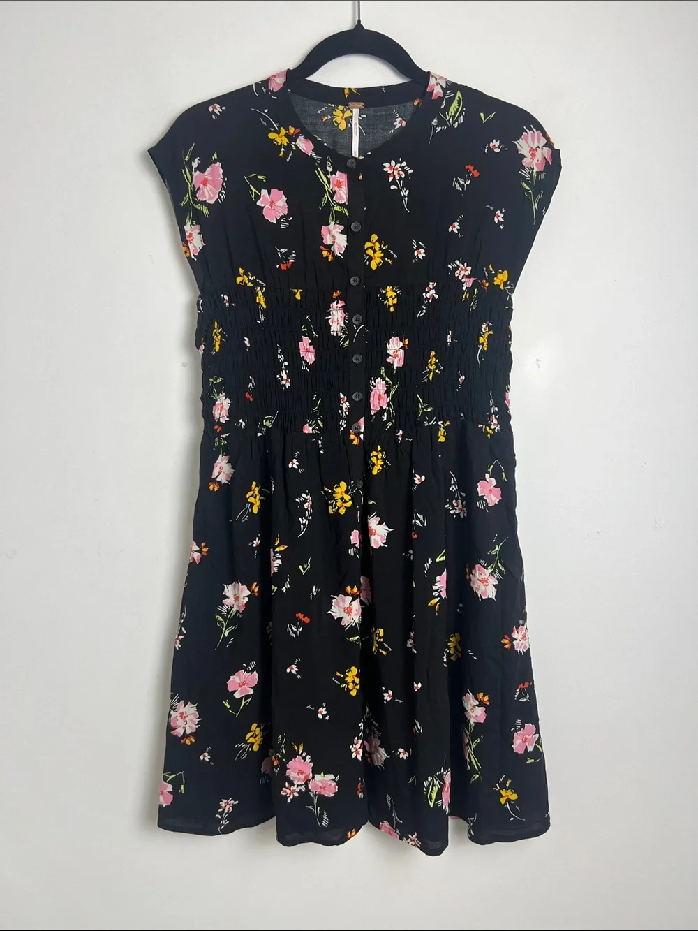 Free People Medium Greatest Day Black Floral Smocked Button Front Mini Dress